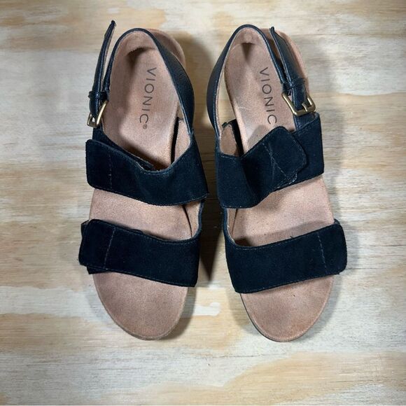 Vionic Marian Black Suede Wedge Sandals Women’s Size 6 - Picture 2 of 9